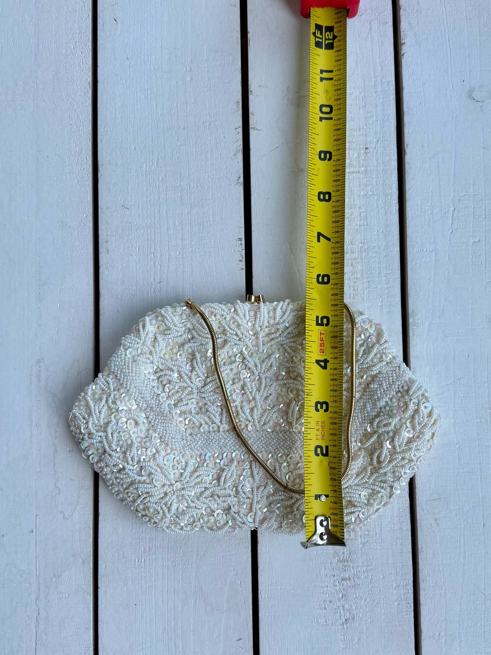 Vintage 1950-60’s Ivory Hand-Beaded Evening Clutch with Chain Strap - Picture 7 of 8